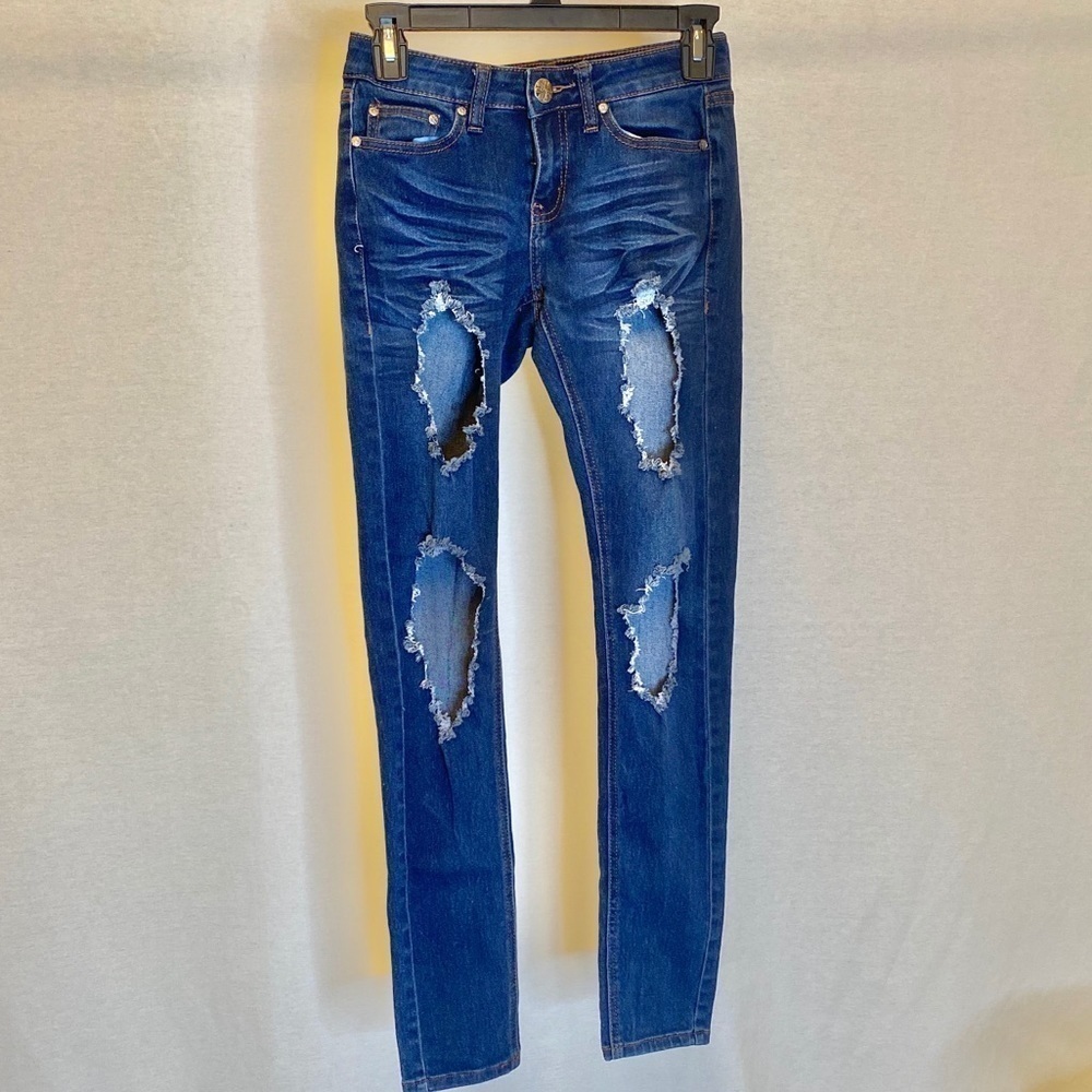 UWD Skinny Jeans Distressed Ripped Destroyed Low Rise Stretch - Picture 2 of 5